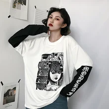 Falso 2 piezas estampado japonés Fujiang Horror Comics Harajuku camiseta mujer manga larga camisa mujeres Vetement Femme 2019 Japón