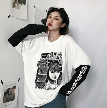 

Fake 2 Pieces Print Japanese Fujiang Horror Comics Harajuku T-shirt Women Long Sleeve Shirt Women Vetement Femme 2019 japan