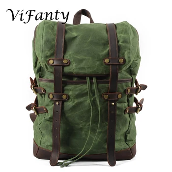 

Leather-Waxed Canvas Shoulder Hiking Rucksack Men Travel Backpack