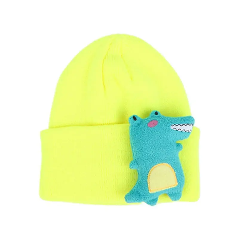 Neon Yellow Яркая неоновая яркая трикотажная шапка из акрила для малышей, осенне-зимняя эластичная шапка с манжетой, шапка с милым 3D динозавром, плюшевая игрушка - Цвет: Neon Yellow