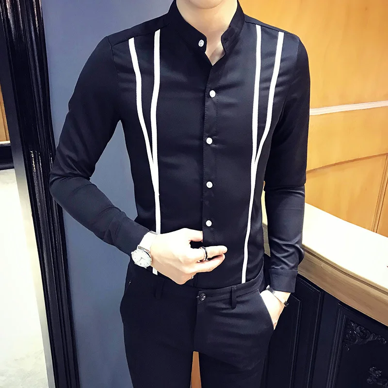 Осенние модные облегающие мужские рубашки с длинным рукавом Camisas Para Hombre Повседневная Женская сорочка Homme Осенняя рубашка Social Masculina - Цвет: black