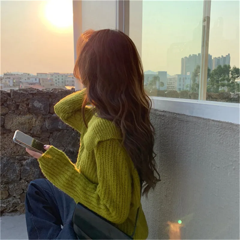 RUGOD Korean New Style Chic Middy Collar Solid Color Knitted Cardigan Long-sleeve Loose Sweater Winter Tops For Women Fashion