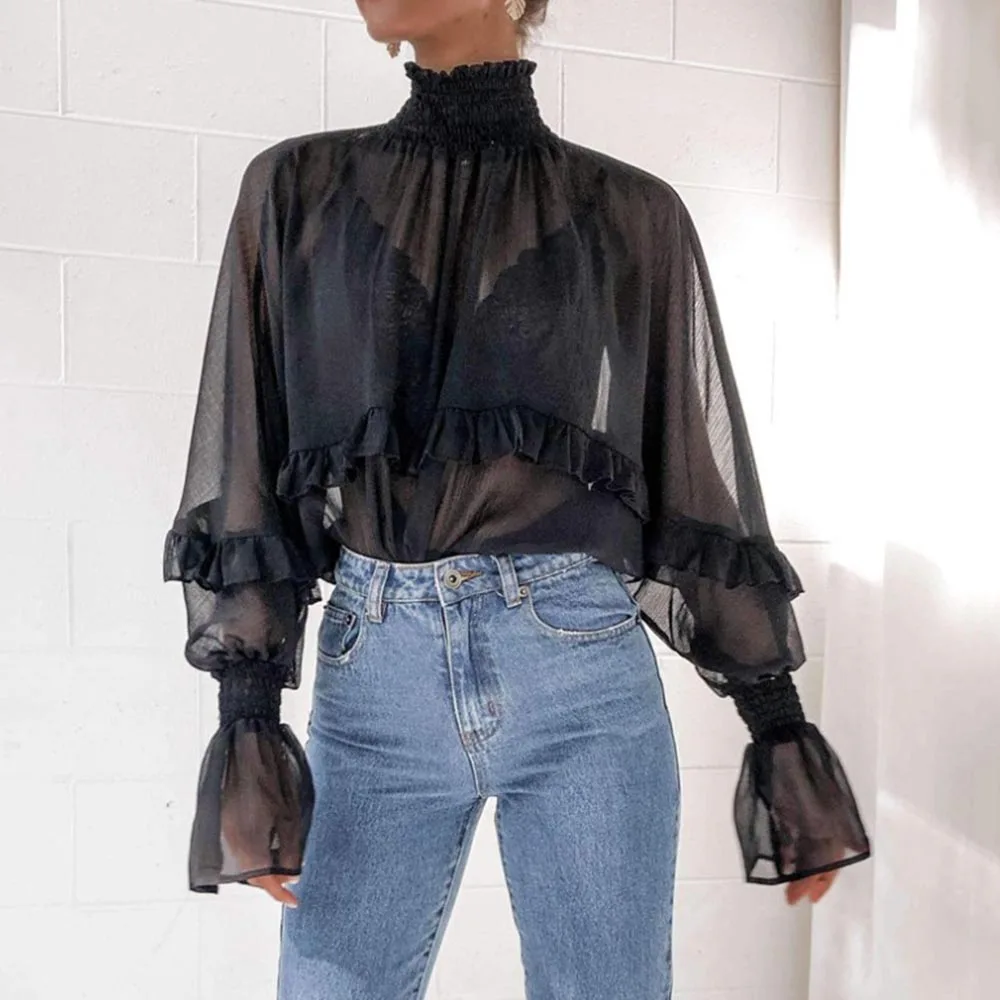 

Chiffion Women Black Blouse Tops 2020 Summer Batwing Sleeve Fashion High Street Regular Shirts Loose Female Shirts Blouses
