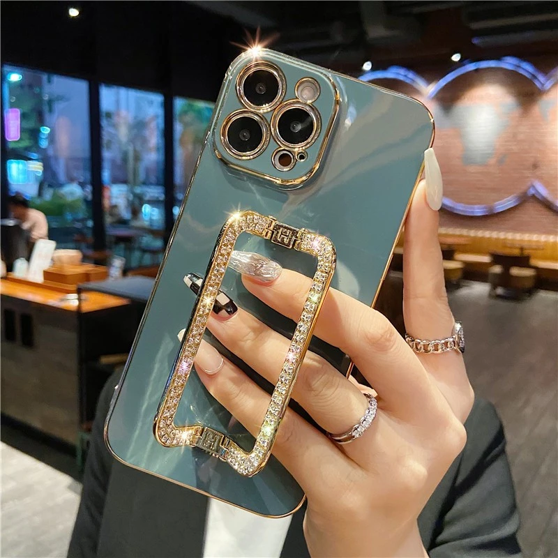 Korea 3d Crystal Square Holder Gold Plating Phone Case For Iphone 12 Pro Max Mini 11 13 Pro X Xs Xr 6 S 7 8 Plus 12pro Se Cover Phone Case Covers Aliexpress