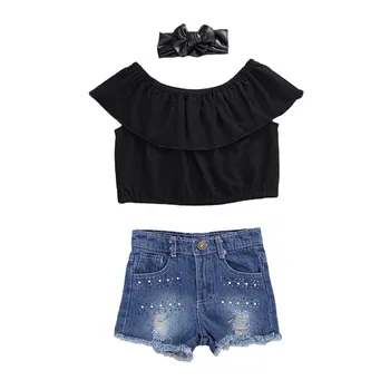 

3PCS Toddler Kids Newborn Baby Girl Clothes Off Shoulder Shirt Tops+Hole Pants+Headband Outfits 2-7Y