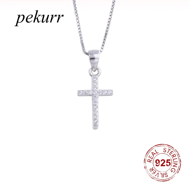 Pekurr 925 Sterling Silver Classic Zircon Big Cross Female Pendants Necklaces For Women Long Chain Collar Christ Fashion Jewelr