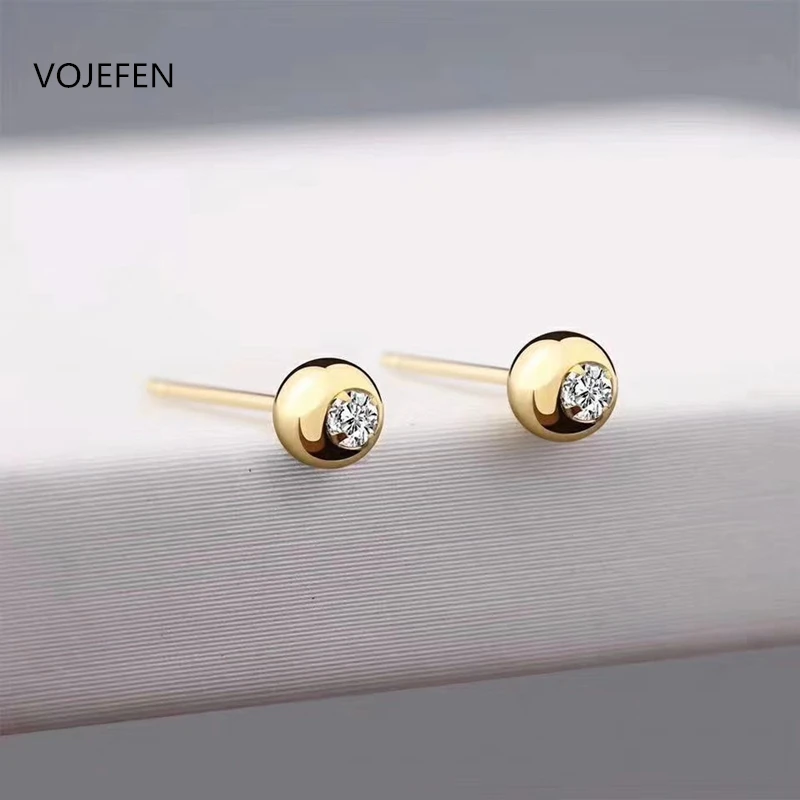VOJEFEN милые серьги-гвоздики циркония шпильки | 18K желтое золото мяч серьги-гвоздики с круглым кубическим цирконием