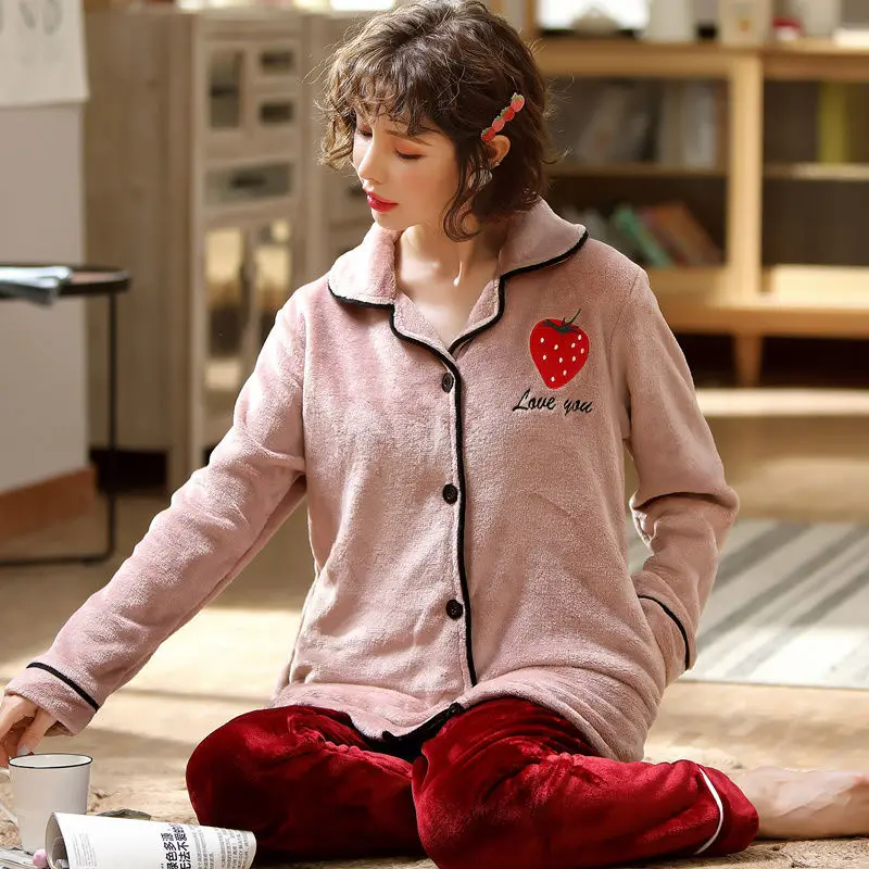 Strawberry pyjamas Женская одежда для сна, женская пижама, толстая теплая зимняя Пижама, женский домашний костюм с длинными рукавами, женская пижама большого размера для сна - Цвет: Strawberry pyjamas