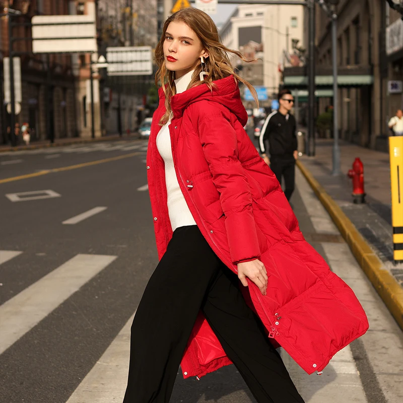 Женский пуховик с капюшоном зима элегантный красный 90% белый утиный пух пальто теплая свободная повседневная женская винтажная