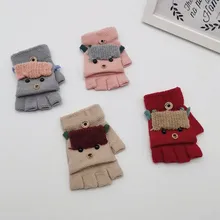 Детские зимние теплые перчатки с мультипликационным принтом; универсальные Хлопковые вязаные перчатки на полпальца; варежки; вязаные перчатки; Новинка