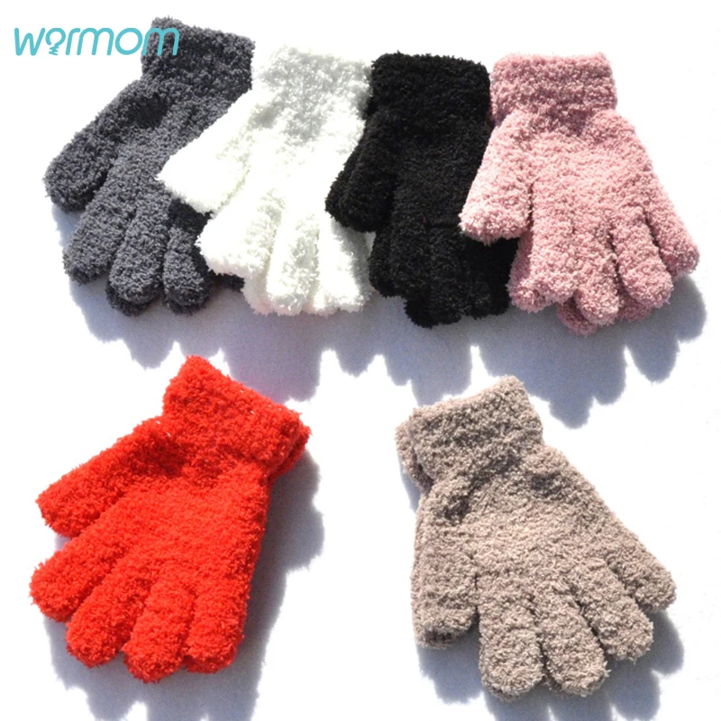 Kids Gloves Furry Baby Plush Full-Finger-Mittens Winter Children for 7-11years Coral