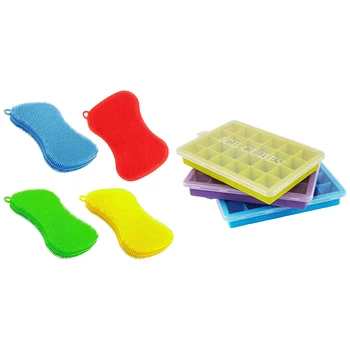 

4x Decontamination Cleaning Brush & Ice Square Tray, 3 Pieces of Silicone Ice Tray with Lid