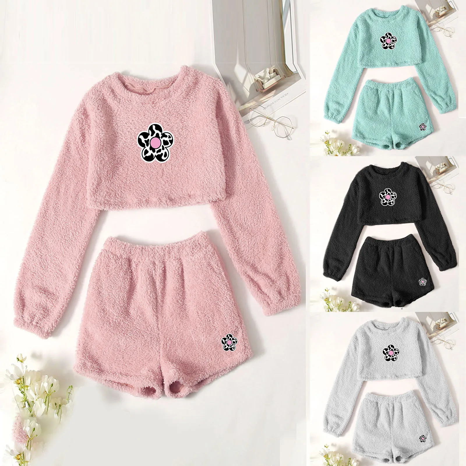 Summer cotton Pajamas Suit Women's Flower Long Sleeve O-neck Pullover Pajama Sets Belly pijama partes de abajo de pijama 1