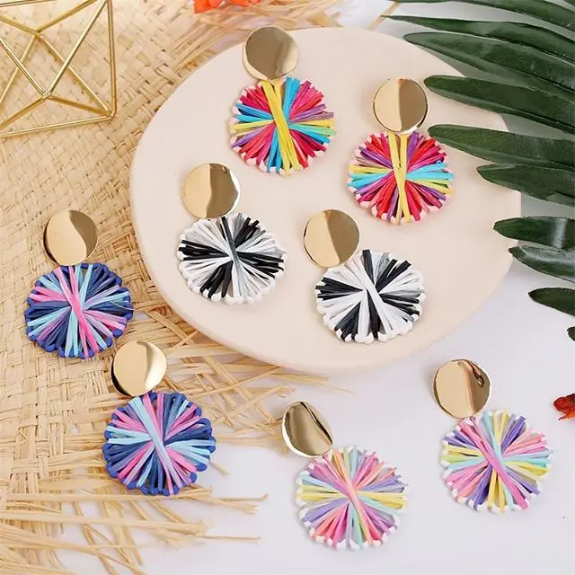 

Miwens Bohemia Round Handmade Raffia Dangle Drop Earrings For Women Colorful Weave Hanging Earrings Statement Maxi Party Jewelry