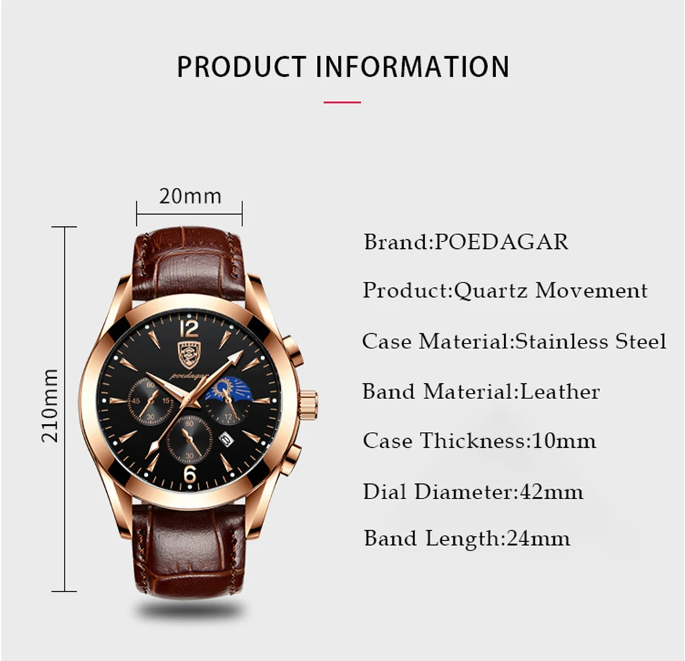 POEDAGAR 2021 New Fashion Men's Watch Leather Top Brand Luxury Waterproof Sports Mens Wristwatch Quartz Relogio Masculino Casual