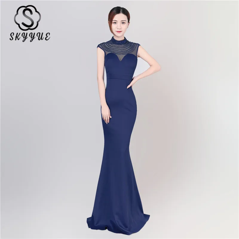 

Skyyue Evening Dress High Collar Sleeveless Empire Robe De Soiree Beading Elegant Solid Mermaid Women Party Dresses C216
