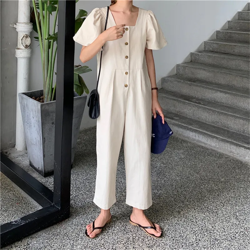 Limiguyue women plus size jumpsuit short sleeve square neck single breasted loose casual beach women romper femme vintage Y214