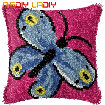 

Latch Hook Cushion Blue Butterfly Pillow Case Printed Color Canvas Acrylic Yarn Latched Sofa Pillow Crochet Cushion Cover Kits