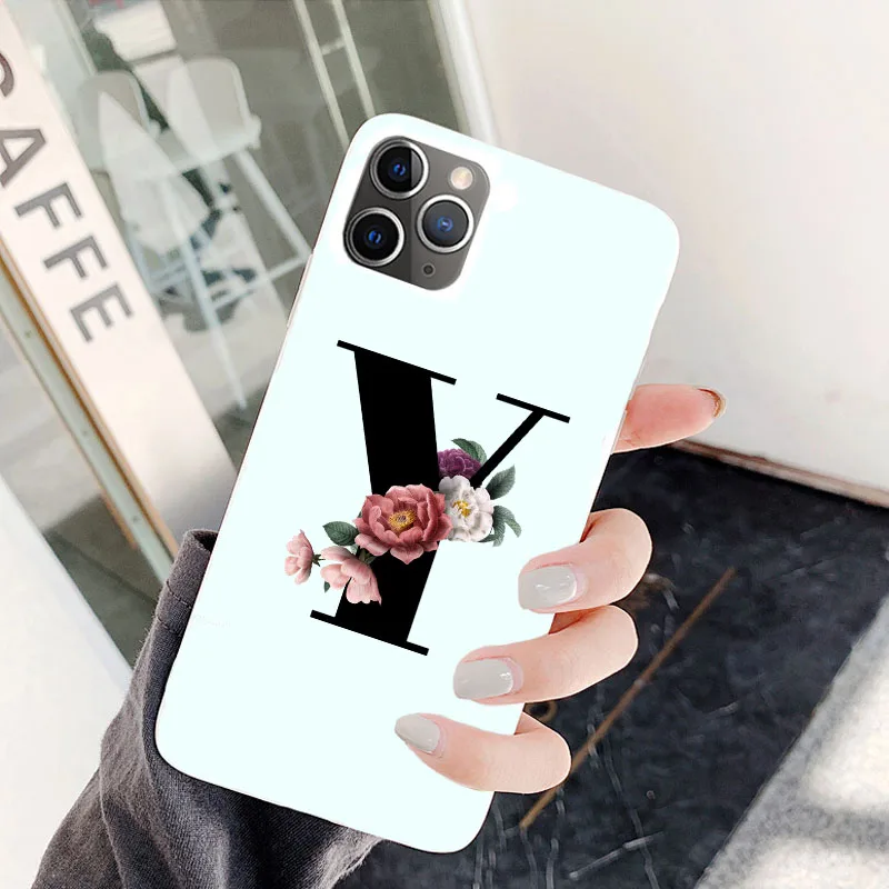 TPU Белый мягкий чехол из ТПУ с надписью Monogram A J K Q Алфавит цветы для iPhone 11 11PRO MAX X 6S Plus 7 Plus XR MAX цветочный чехол - Цвет: TPU