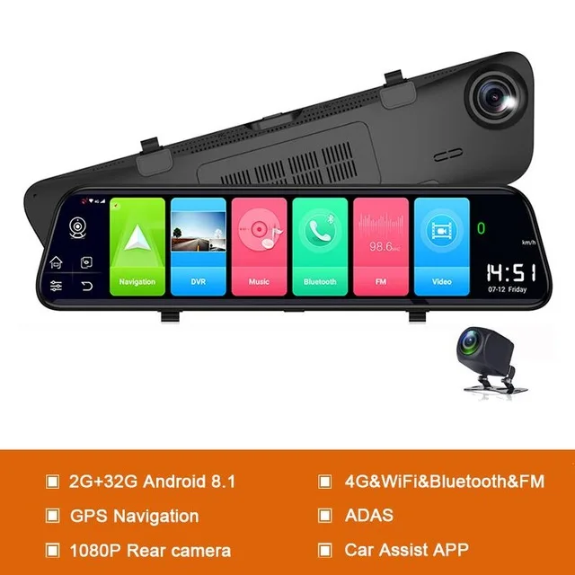 Maiyue star последняя 12-дюймовый Android8.1 об автомобильном видеорегистраторе(DVR) gps Bluetooth навигация FHD устройство для записи Изображений совместимость 4G, Wi-Fi, ADAS Dash cam - Название цвета: Black