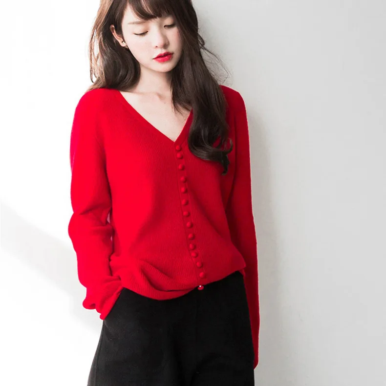 ^Cheap New Style WOMEN'S Dress Graceful Big V-neck Button Knitted Woollen Sweater Fake Cardigan Pullover Sweater Women's Short Base Shi