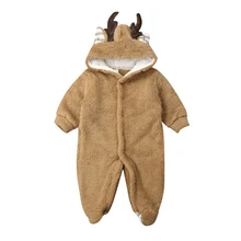 Осенне-зимняя плюшевая Одежда для новорожденных мальчиков и девочек милый теплый комбинезон с капюшоном и 3D рога, комбинезон одежды снаряжение для детей от 0 до 18 месяцев