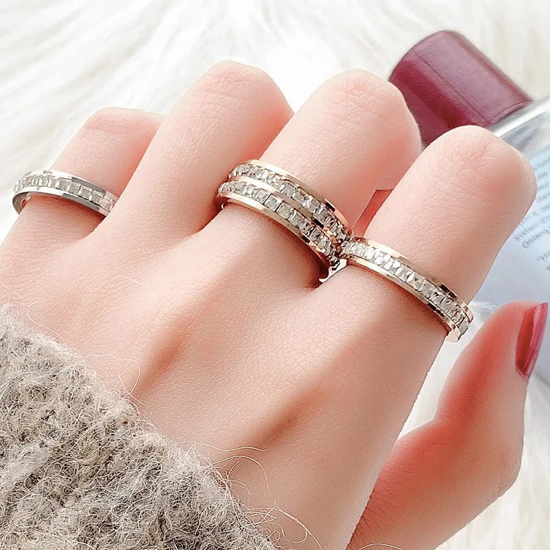 Double Crystal Woman Fashion Ring Rose Gold Filled Titanium Steel Rings for Women Finger Rings Fashion Rings Fashion Ring Crystal Rings Metal Rings Titanium Steel Rings