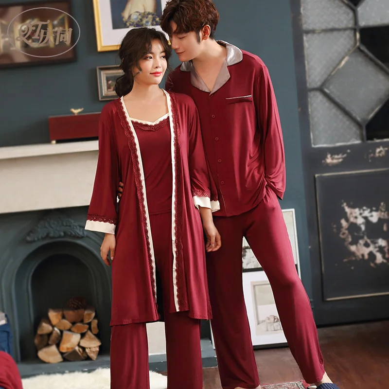 

Couple Pajamas 2019 Spring and Autumn Cotton Three-piece Sling Sexy Sweet Can Be Worn Outside Home Service Suit Couple Pyjamas
