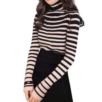 

Autumn Winter New Turtleneck Long-sleeved Sweater Fashion Casual Stripe Pattern Knitted Pullover