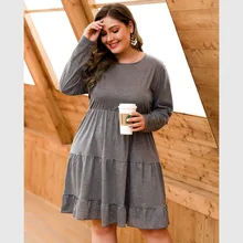 Европейский и американский стиль, весна, стиль, длинный рукав, вырез лодочкой, высокая талия, А-линия, большой подол, повседневное, большой размер, женское платье