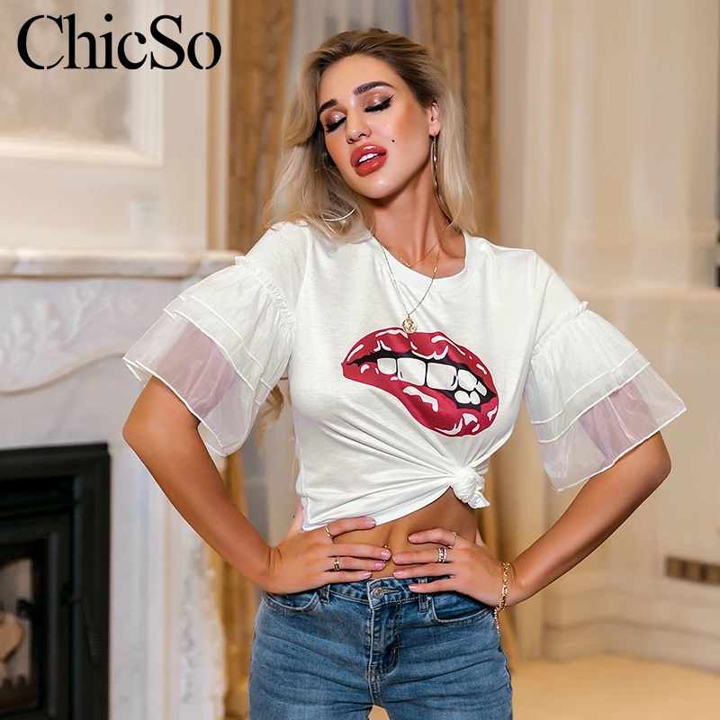 MissyChilli, сексуальная облегающая футболка с принтом губ и рюшами, Женская белая уличная футболка в сеточку, женские весенние вечерние короткие футболки, top2020