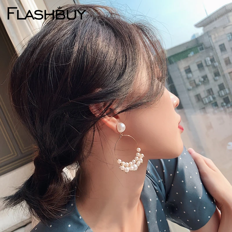 

Flashbuy Pearl Round Drop Earrings For Women Simple Hollow Fashion Jewelry Trend Findings Dangle Earrings Wedding Accessories
