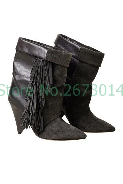 

Woman Mid-Calf Mixed Colors Boots Ethnic Style Pointed Toe Boots Woman Western Cowboy Rider Boots Chunky Heel Slip on Boots