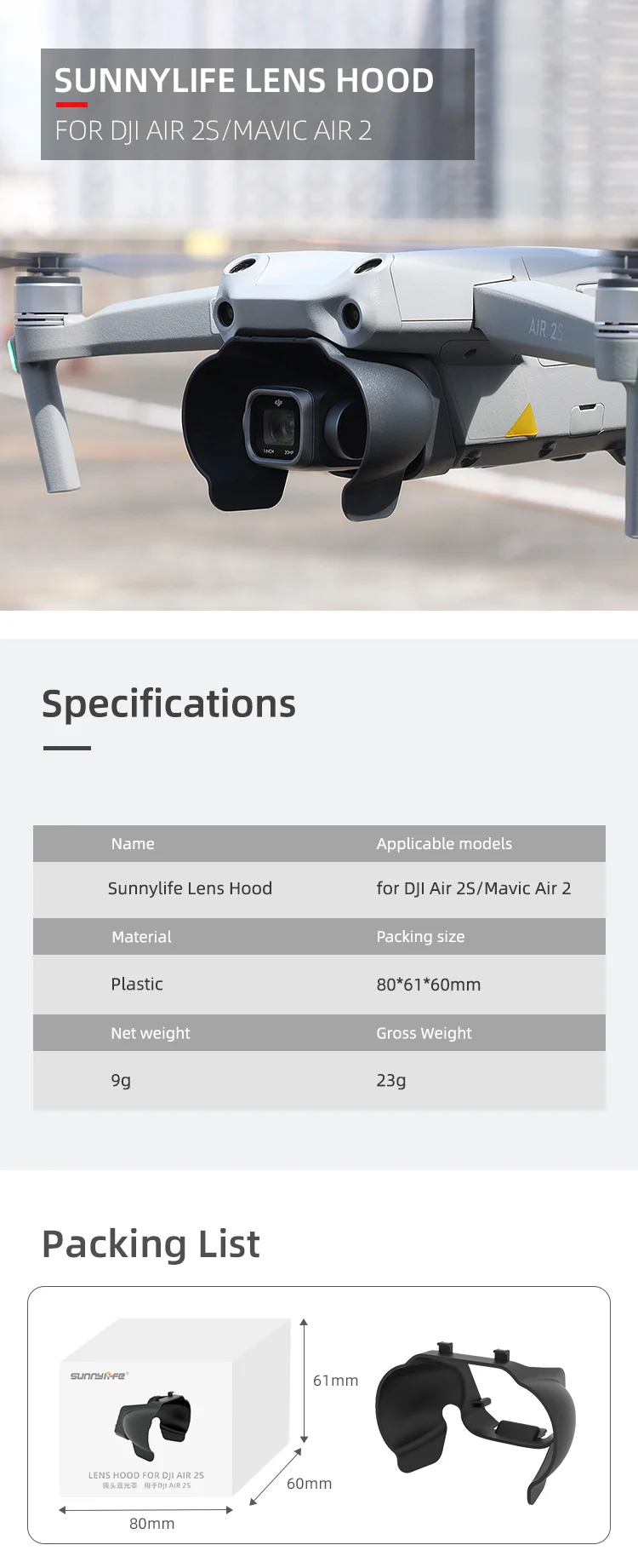 Sunnylife Lens Hood Gimbal Protective Cap Anti-glare Cover