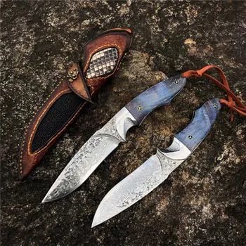 

HS Tools Damascus steel VG10 core layer Fixed Blade Knife 60HRC blue Handle Hunting Camp Survival Tactical Straight Knives tool