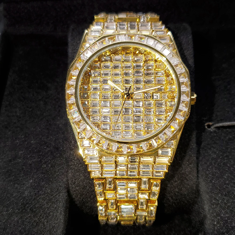 Baguette Diamond-studded Bezel Fashion Faceted Watch Men Gold Men's Iced Out Dial Luminous Hand Date Quartz Wristwatches | Наручные