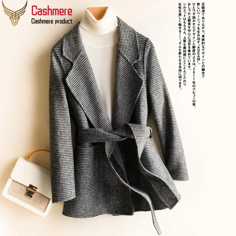 houndstooth black Осеннее и зимнее Новое клетчатое двустороннее шерстяное пальто чистая шерсть Короткое шерстяное пальто женский костюм с воротником красное пальто для путешествий - Цвет: houndstooth black