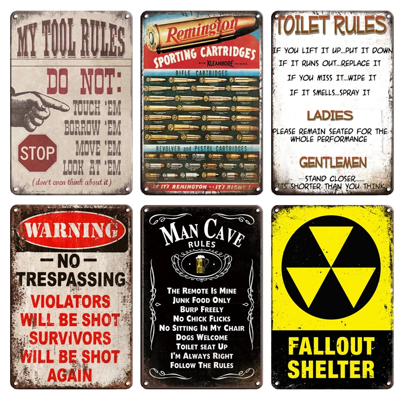 

Vintage FALLOUT SHELTER CAUTION BIOHAZARD Metal Tin Plat Sign Retro FAMILY TOOL TOILET RULERS Door Signs Living Room Home Decor