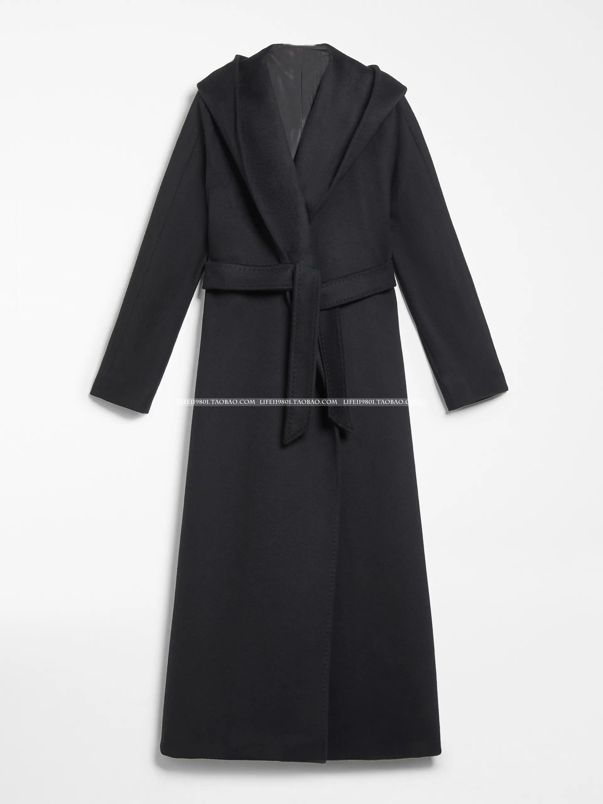 Autumn Winter black belted Hooded Cardigan Handmade Cashmere Double-Sided Jacket