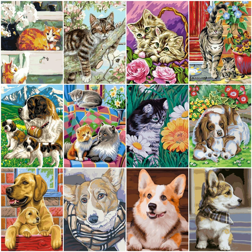HUACAN boya kedi hayvan çizim tuval HandPainted boyama sanat hediye DIY boyama By numarası köpek kitleri ev dekor