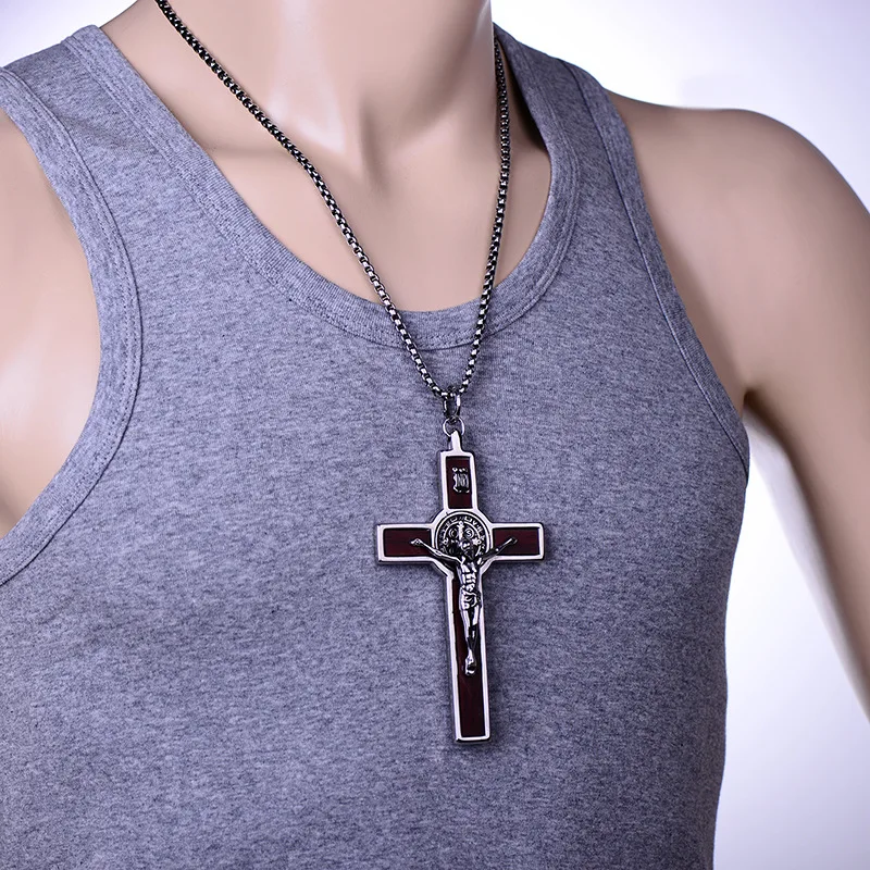 Stainless Steel Religious Necklace Big INRI Jesus Cross Crucifix Pendant Necklace Men Silver Color Classic Necklaces Catholic