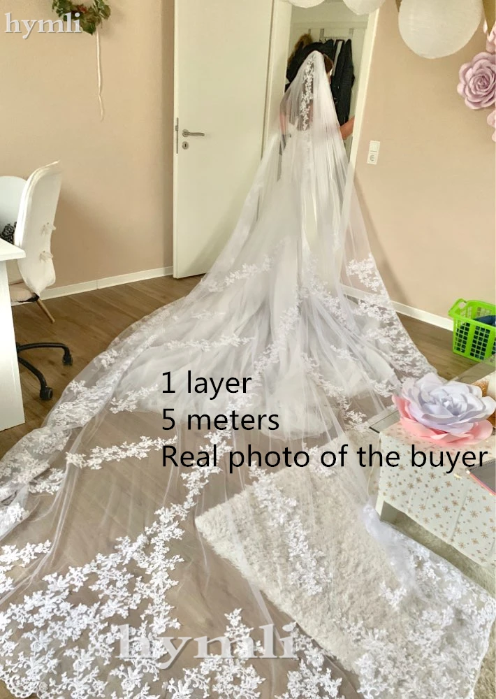 118" Long, 110" Wide 1 Layer Lace Applique Wedding Veil Cathedral Length Bridal Veil with Comb bridal veil