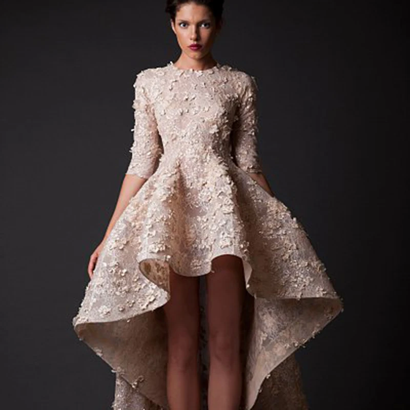

Short Front Long Back Prom Dresses 2015 Luxury Half Sleeve Lace Kj02