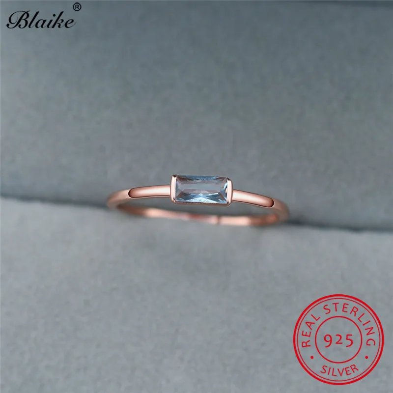 Lake Blue Ring 925 пробы Серебряное тонкое кольцо с камнем, голубой, черный циркон, маленький прямоугольник, обручальные кольца для женщин, складное кольцо, хорошее ювелирное изделие - Цвет камня: Lake Blue Ring