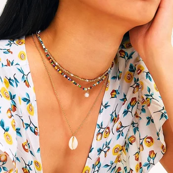 

Shell Charm Beaded Chain Necklace 3pcs Bohemian Glass Bead Chokers Natural Cowry Pendant Necklace for Women