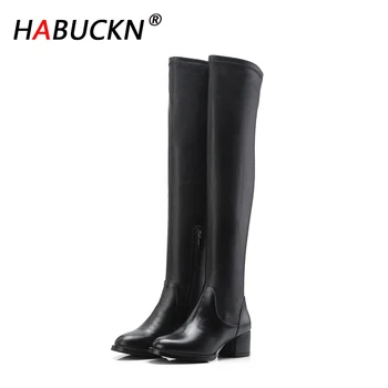 

HABUCKN2020 new fashion high-quality genuine leather ladies retro knee mid-heel zipper girls casual all-match black high boots