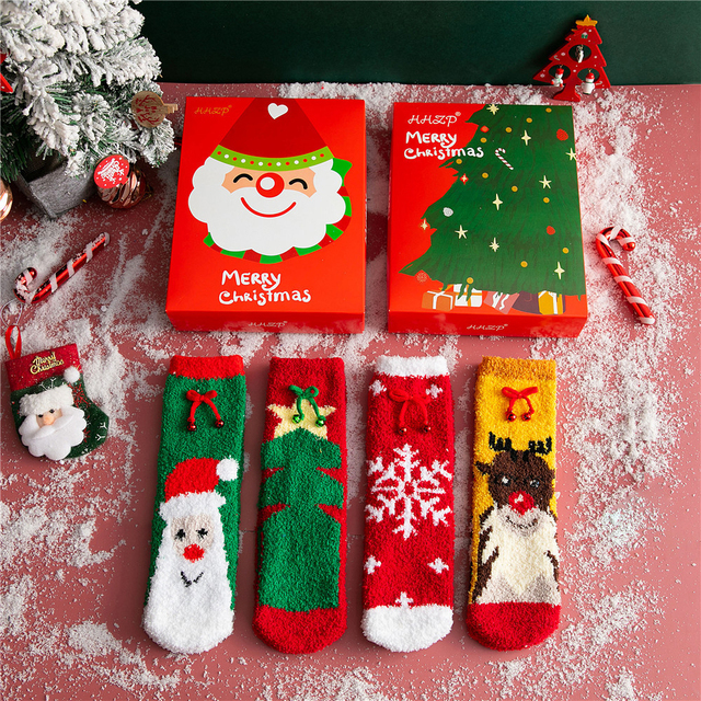 pairs Gift Box Coral Fleece Socks Half Fleece Women's Socks Christmas Sockings Thick Warm Couple Socks Cute Cartoon Snow Socks