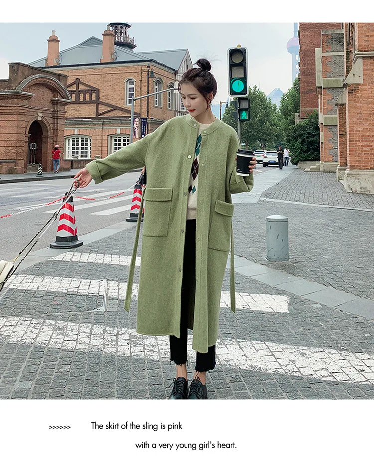 Acz19 Winter Hat Removable Shoulder Green Woolen Jacket Korean-style Loose And Plus-sized Hooded Long Woolen Overcoat
