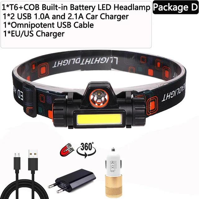 Pacakge D Налобный фонарь Портативный мощный светодиодный USB Перезаряжаемый XPE+ COB налобный фонарь встроенный аккумулятор водонепроницаемый Головной фонарь - Испускаемый цвет: Pacakge D