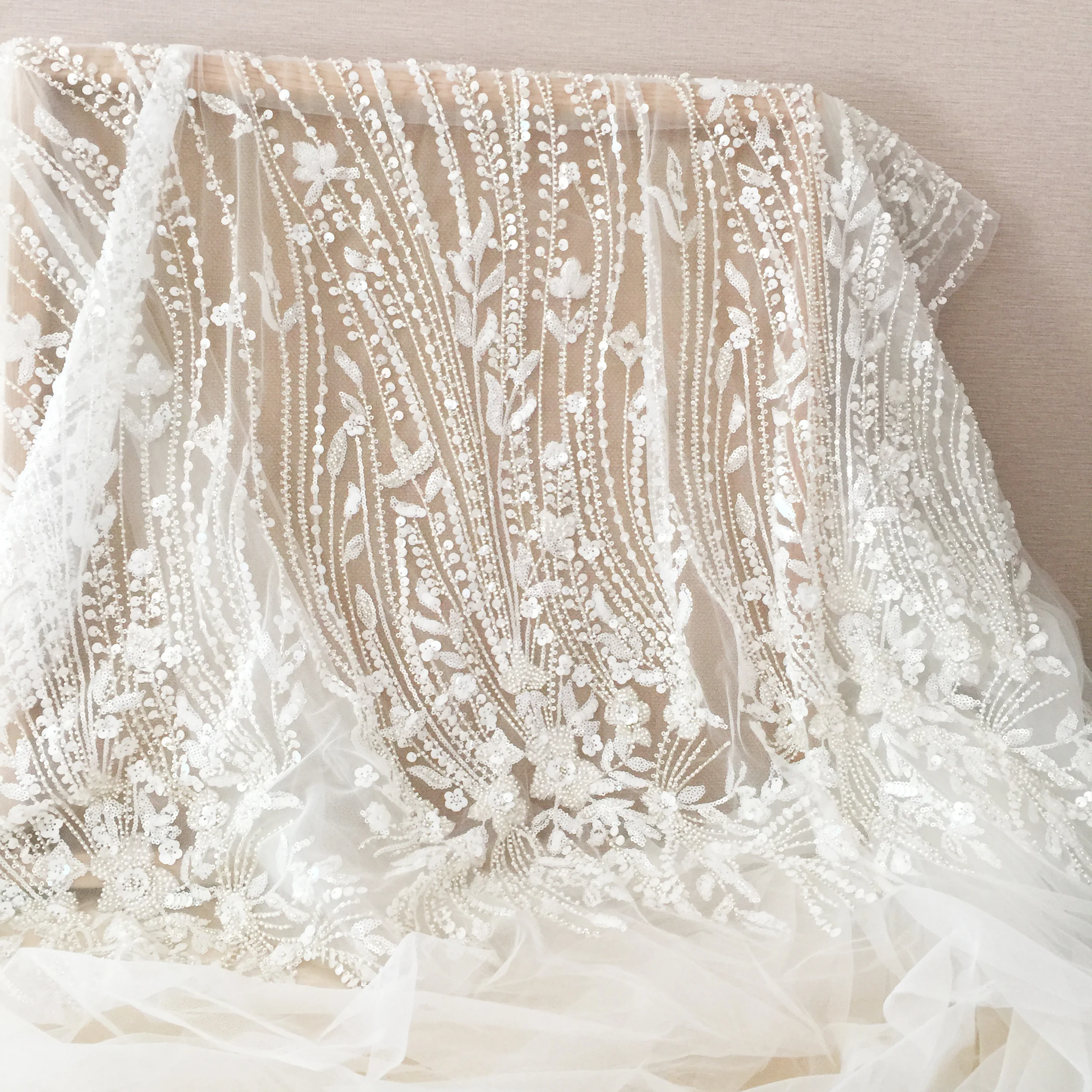 Beaded Floral Ivory Couture Lace Fabric by the Yard - OneYard